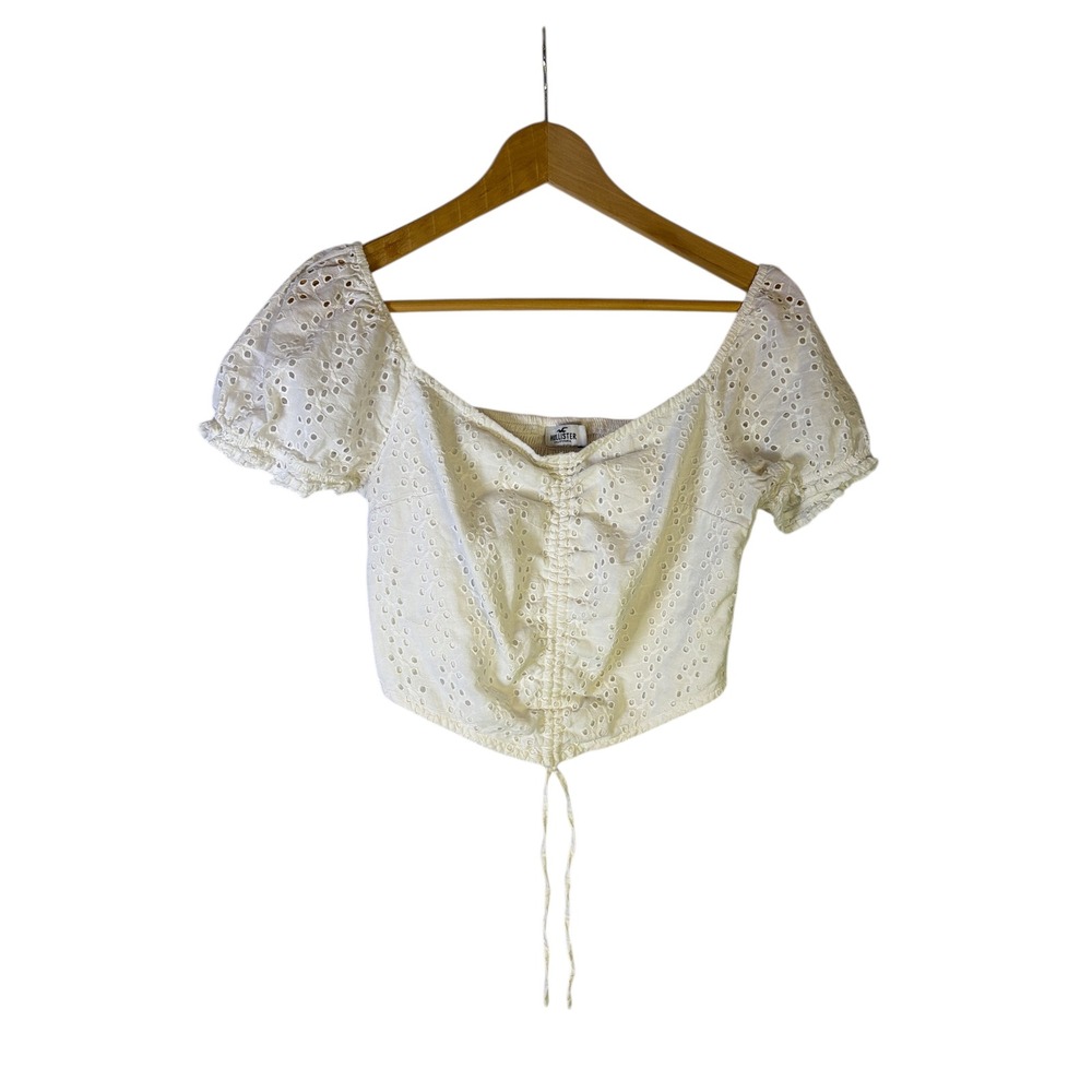 Hollister Womens White Eyelet Puff Sleeve Cinch Front Smocked Crop Top Size S